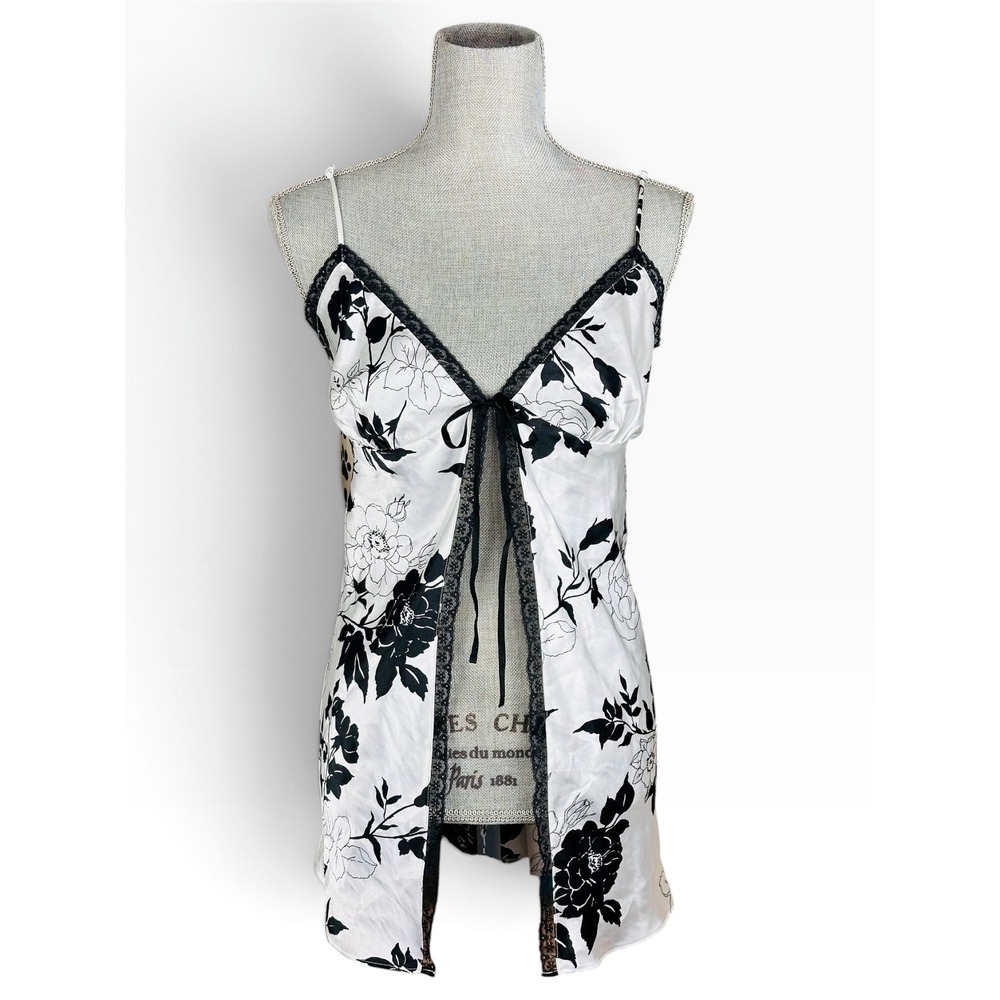 Victoria's Secret Vintage Black White Floral Satin Flyaway Babydoll Slip, Large